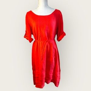 Lina Tomei coral orange shift midi linen XL dress with belt